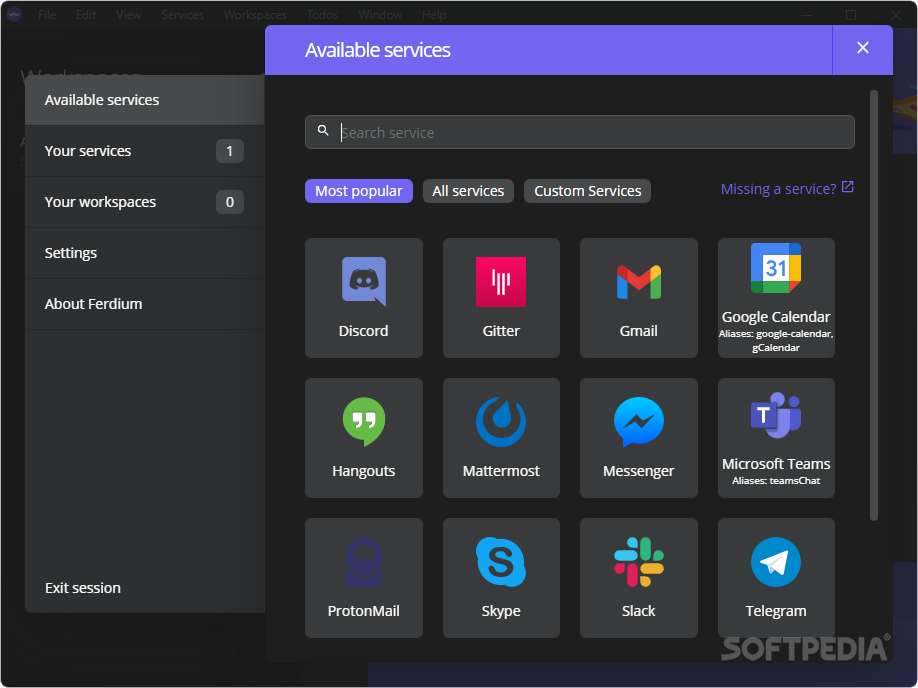 Ferdium unified messaging workspace application interface showing multiple services integrated in one window