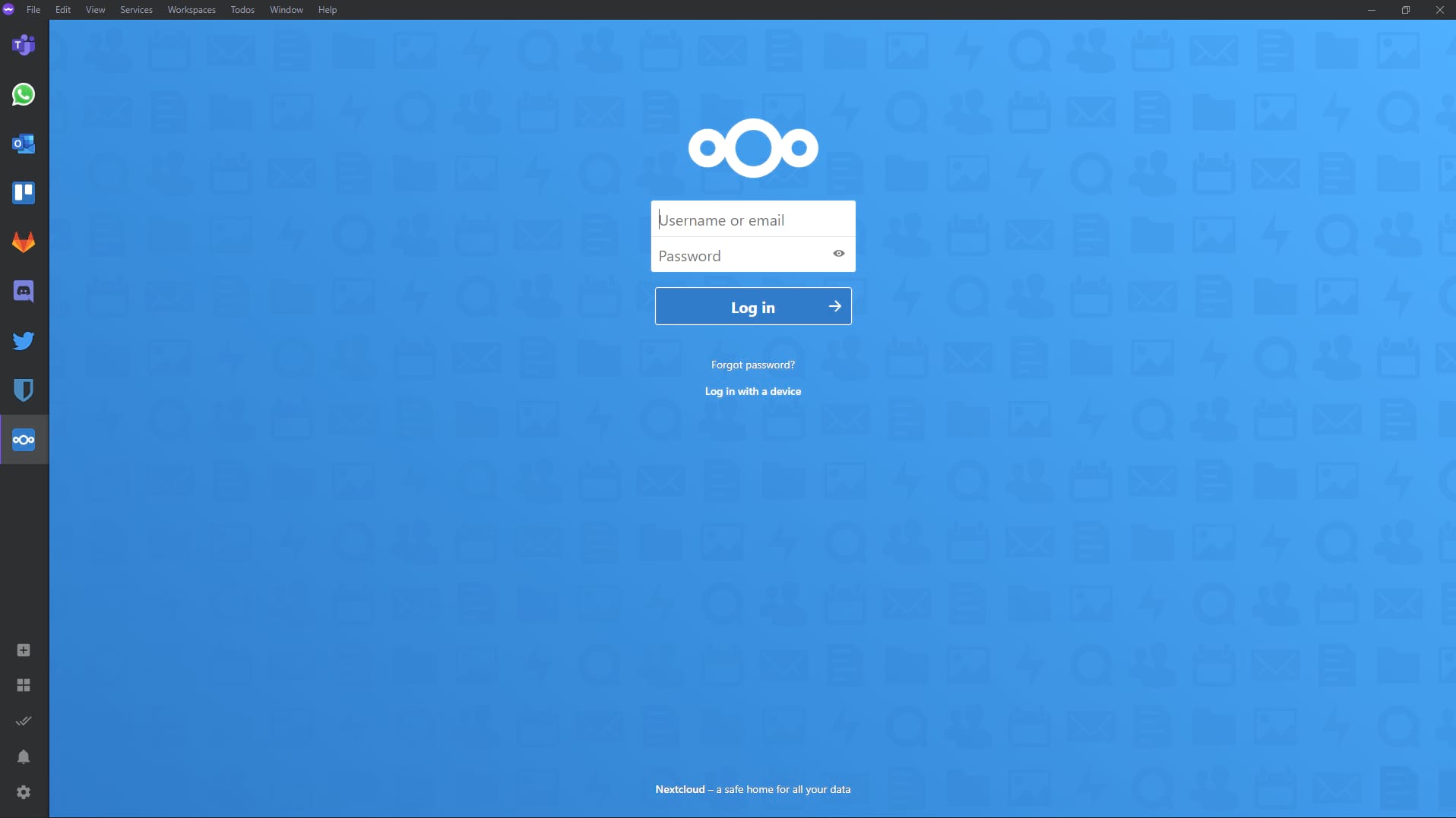 Ferdium general workspace view showing organized messaging services and productivity tools in unified interface